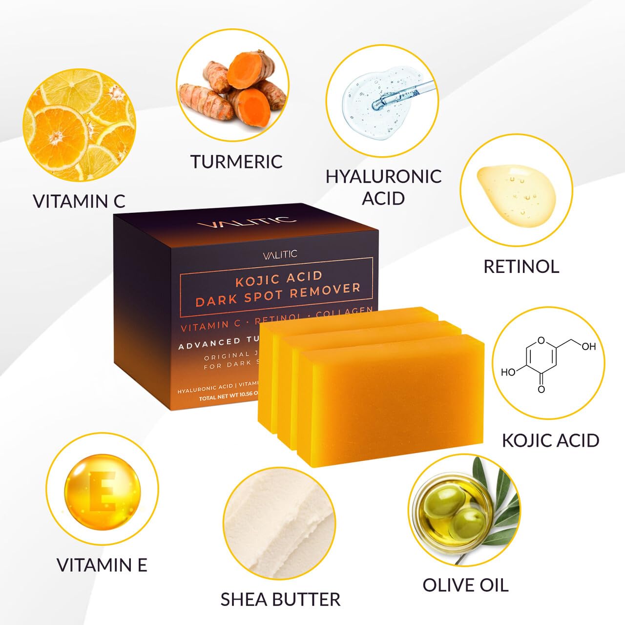 VALITIC - Kojic Acid Soap Stick to Remove Dark Spots, Vitamin C, Retinol, Collagen and Turmeric (Original Japanese)