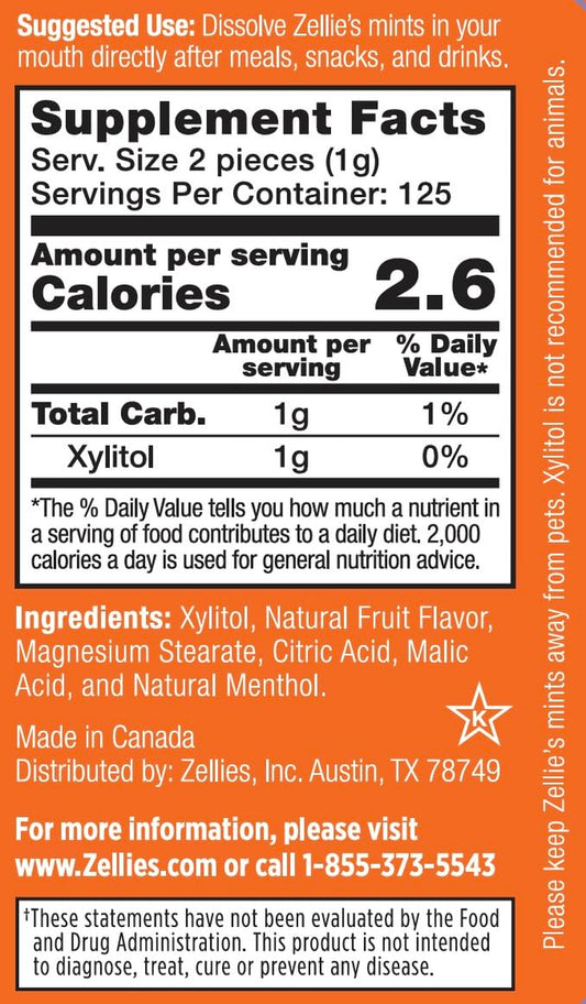 Zellie's | 100% Xylitol Cool Fruit Mints Breath Mints | No Aspartame, Gluten Free, Vegan & Kosher (250 Count - Pack of 1) - USA IMPORT -