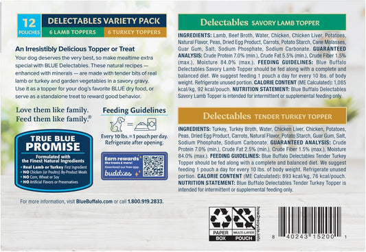 Blue Buffalo Delectables Natural Wet Dog Food Topper Variety Pack, Lamb & Turkey Dinner 3oz (12 Pack - 6 of Each Flavor) - USA IMPORT -