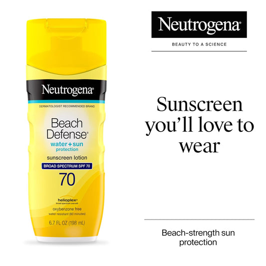 Neutrogena Sunscreen Lotion Beach Defense SPF 70, Face & Body Sunscreen, Broad Spectrum, Fast Absorbing, 6.7 Fl Oz, Water Resistant 80 Min, Oil-Free, Oxybenzone & Octinoxate Free - USA IMPORT -