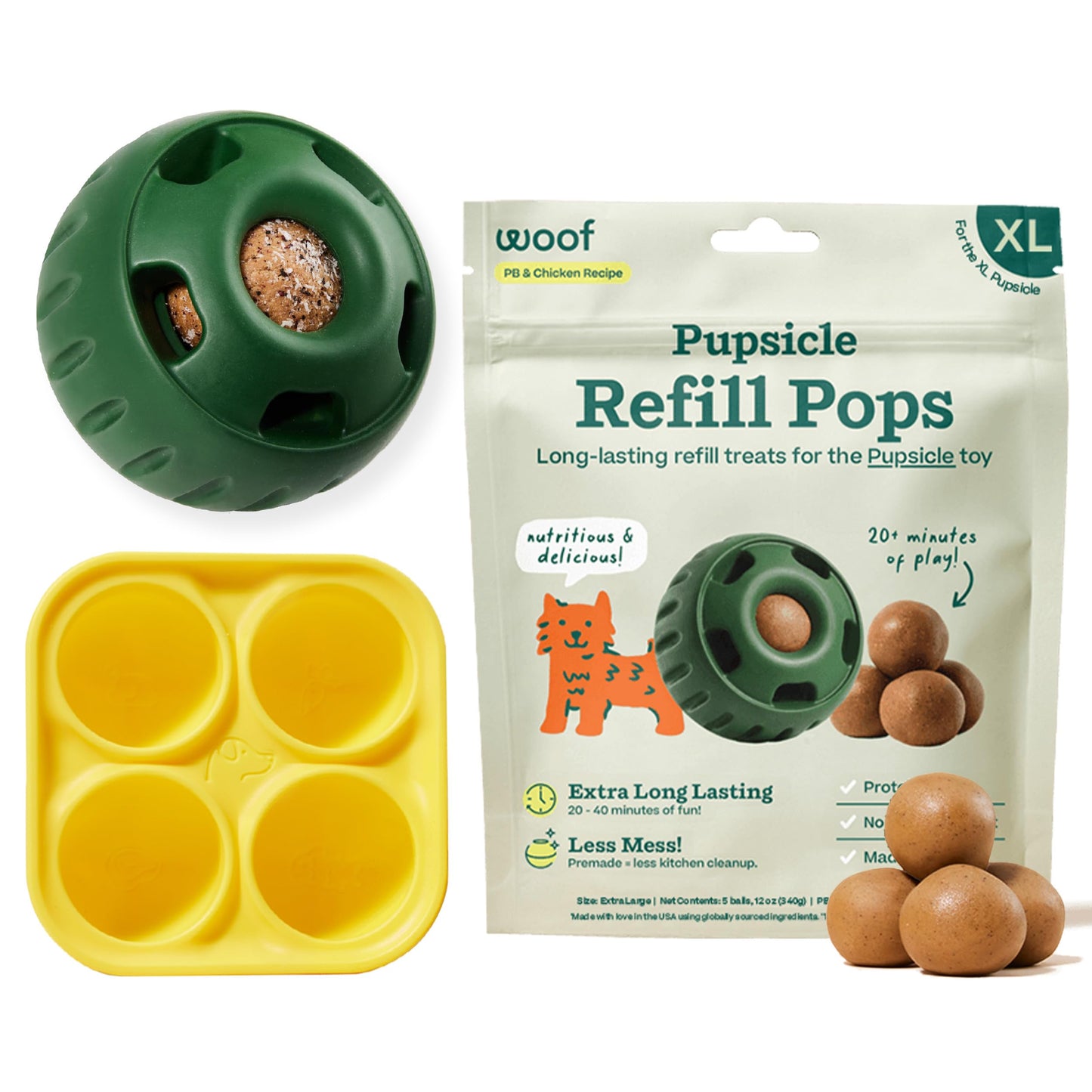 WOOF Starter Pack - Pupsicle, Treat Tray Mold and Pupsicle Pops Chicken - Fillable Dog Treat Ball, Silicone Molds for Dog Treats and Pre-Made Refill Treats