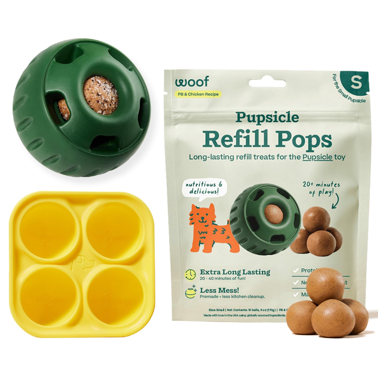 WOOF Starter Pack - Pupsicle, Treat Tray Mold and Pupsicle Pops Chicken - Fillable Dog Treat Ball, Silicone Molds for Dog Treats and Pre-Made Refill Treats
