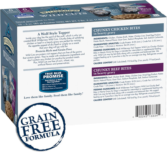 Blue Buffalo Wilderness Trail Toppers Wild Cuts Wet Dog Food Variety Pack, High-Protein & Grain-Free, Made with Natural Ingredients, Chicken and Beef Flavors, 3-oz Pouches, (12 Count, 6 of Each) - USA IMPORT -