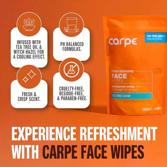 Carpe Sweat Absorbing Face Wipes (15 Facial Wipes). Witch Hazel & Tea Tree Oil Wipes Infused with Eucalyptus. Energizing, Refreshing, and Soothing. Sweat and Oil Control - USA IMPORT -