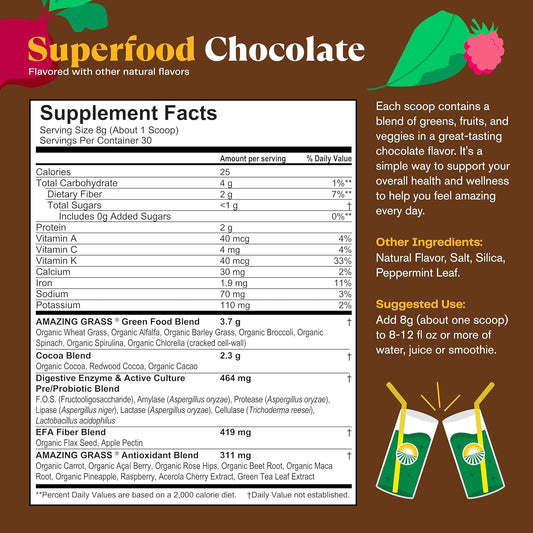Amazing Grass Greens Superfood Powder: Greens Powder with Digestive Enzymes & Probiotics, Organic Spirulina, Chlorella, and Beet Root Powder, Chocolate, 30 Servings - USA IMPORT -