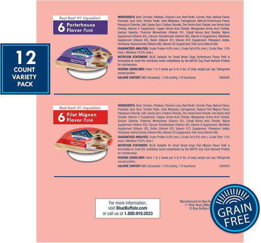 Blue Buffalo Delights Natural Adult Small Breed Wet Dog Food Variety Pack, Made with Natural Ingredients, Filet Mignon Flavor Paté & Porterhouse Flavor Paté, 3.5-oz. Cups (12 Count, 6 of Each) - USA IMPORT -