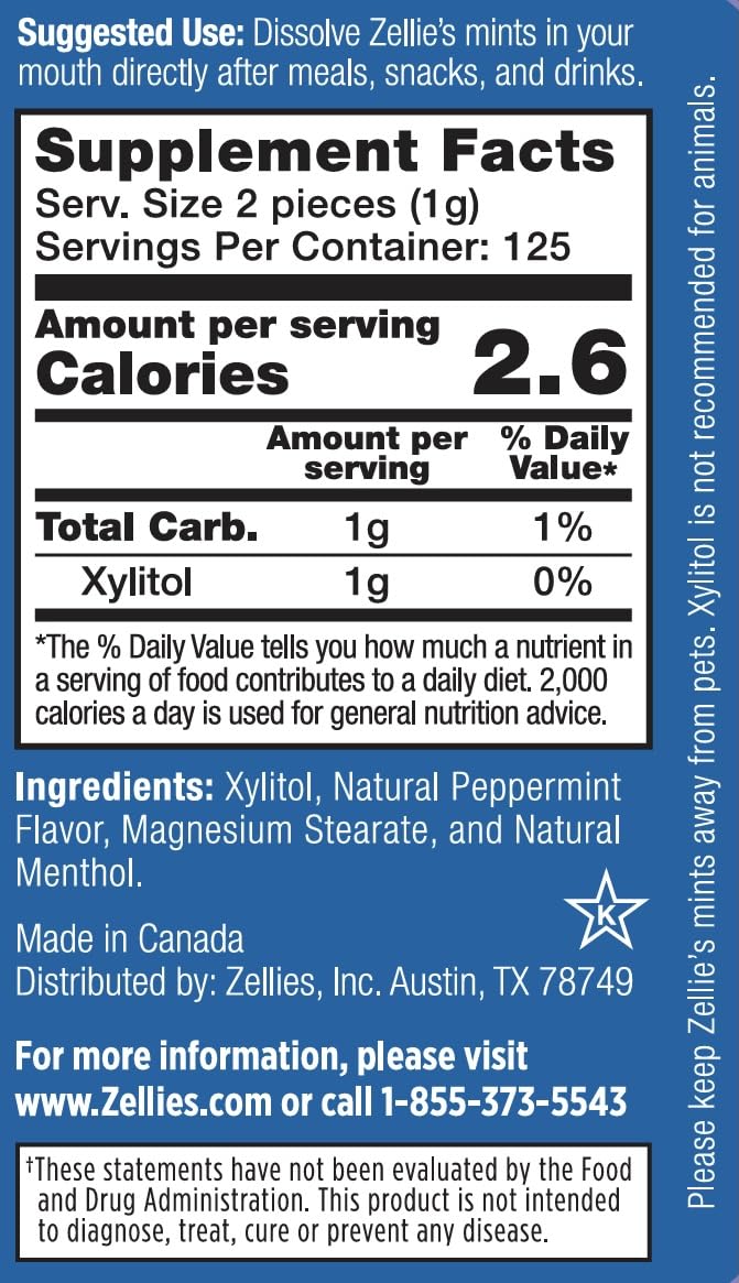 Zellie's |100% Xylitol Sugar Free Breath Mints | Non-GMO, Low-Calorie, Gluten Free, Vegan & Kosher Mints