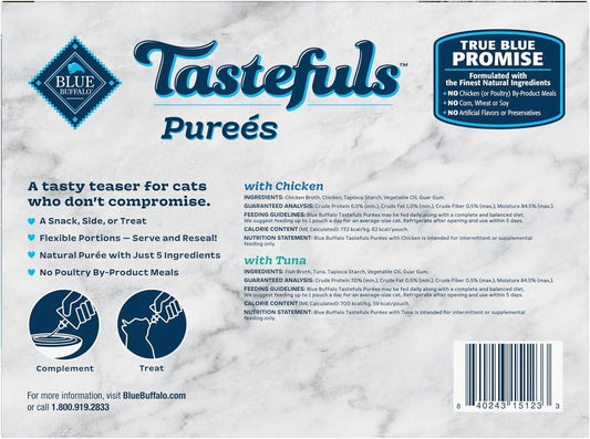 Blue Buffalo Tastefuls Purées Variety Pack, Natural Cat Food Complement, Resealable Twist Cap Pouches, Chicken and Tuna, 3-oz (12 Count, 6 of Each Flavor) - USA IMPORT -