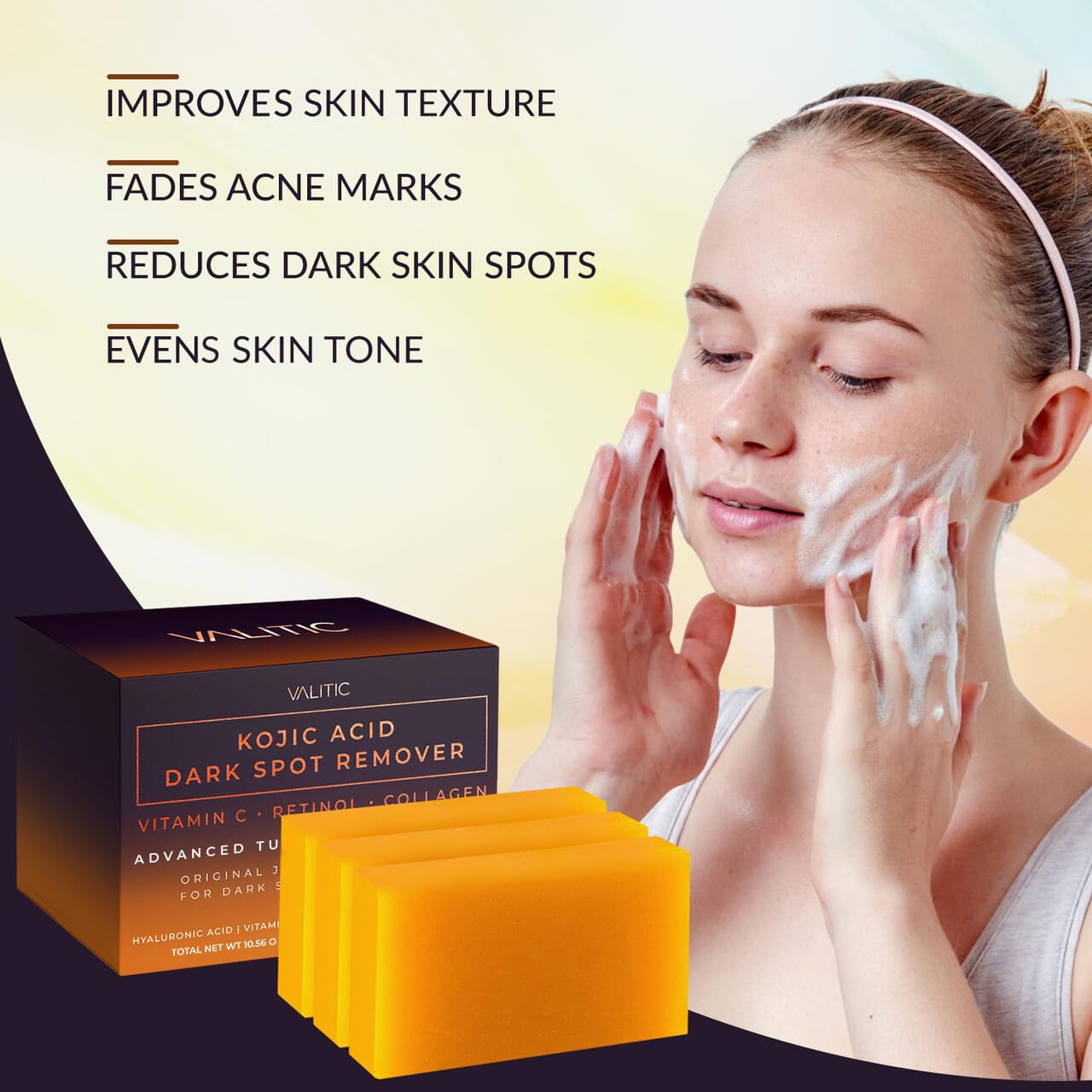 VALITIC - Kojic Acid Soap Stick to Remove Dark Spots, Vitamin C, Retinol, Collagen and Turmeric (Original Japanese)
