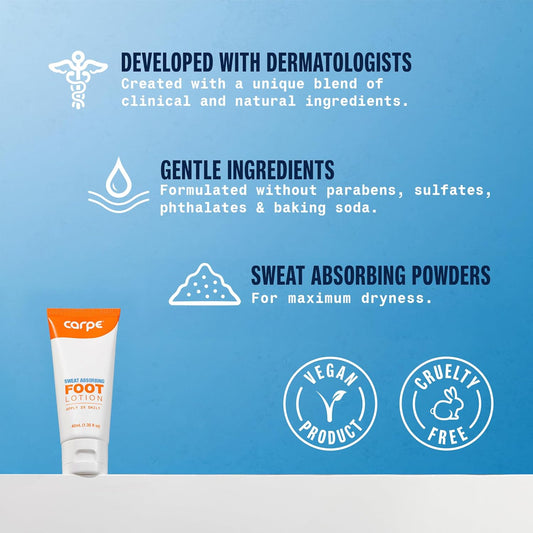 Carpe Sweat Absorbing Foot Lotion, A dermatologist-recommended solution to stop sweaty, smelly feet, Helps prevent blisters, Great for hyperhidrosis - USA IMPORT -