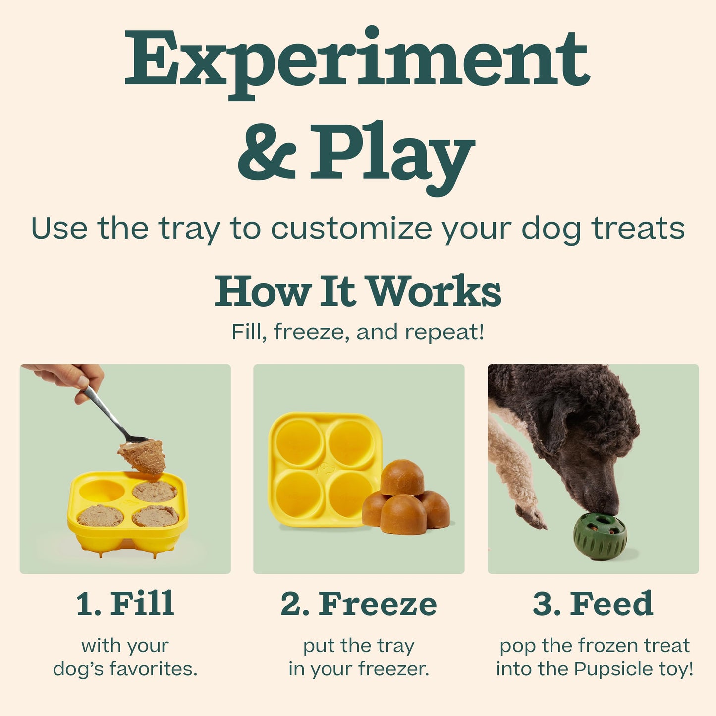 WOOF Starter Pack - Pupsicle, Treat Tray Mold and Pupsicle Pops Chicken - Fillable Dog Treat Ball, Silicone Molds for Dog Treats and Pre-Made Refill Treats