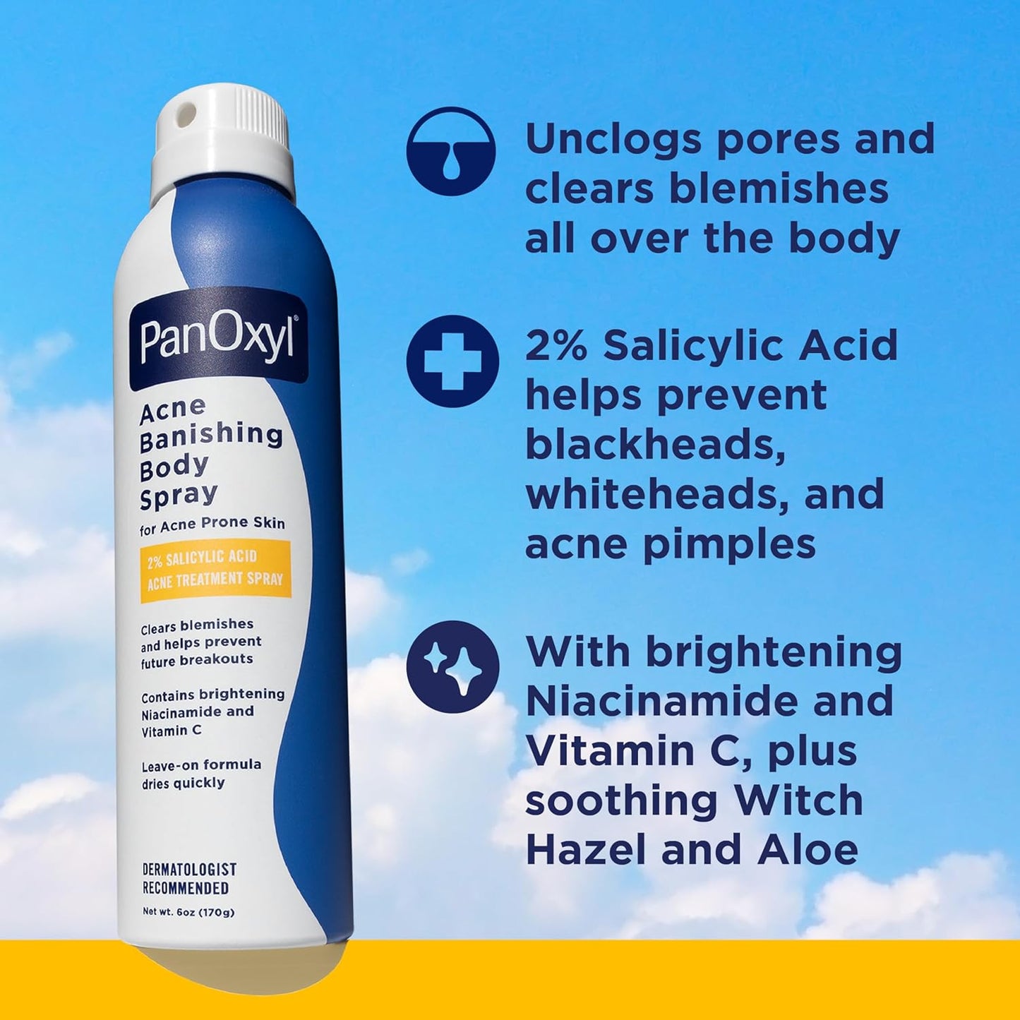 PanOxyl Acne Banishing Body Spray with 2% Salicylic Acid, Pimple Treatment Spray to Clear Stubborn Breakouts, 360-Degree Spray Nozzle, Skin-Brightening Niacinamide, Vitamin C, Witch Hazel, Aloe, 6 Oz - USA IMPORT -
