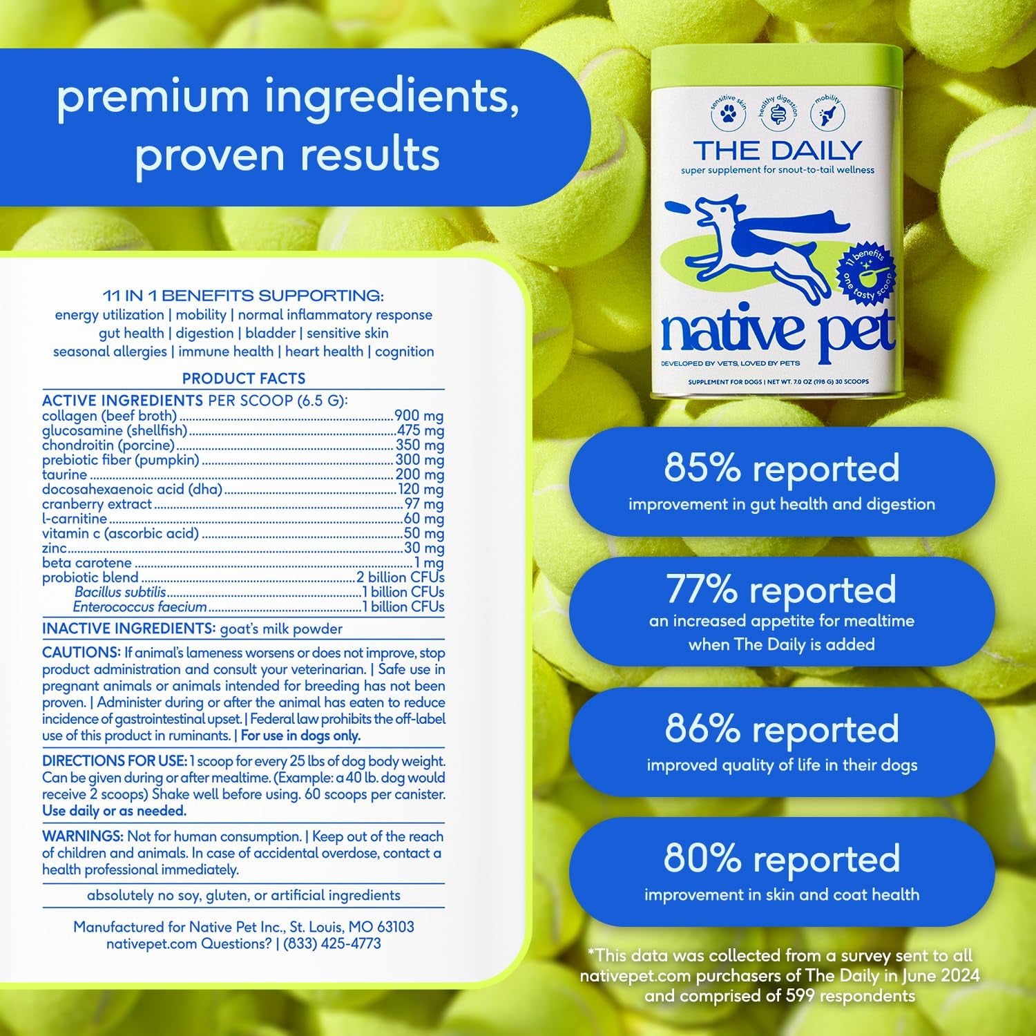 Native Pet Dog Vitamins & Supplements - 11-in-1 Vitamin Powder for Dog Food Topper - Collagen, Glucosamine, Probiotics, Omega & More- Supports Healthy Gut, Mobility & Overall Health - 30 Scoops - USA IMPORT -