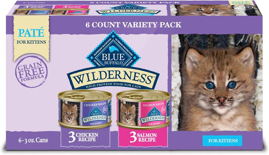 Blue Buffalo Wilderness Kitten Food, High-Protein & Grain-Free Wet Cat Food Paté Variety Pack, Chicken & Salmon Recipes, 3-oz Cans (6 Count, 3 of Each) - USA IMPORT -