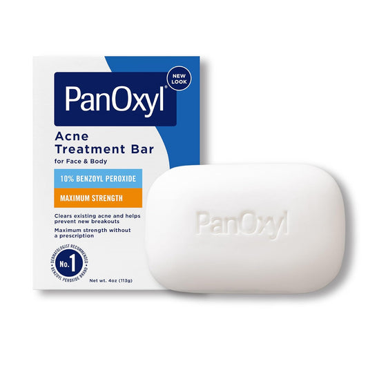PanOxyl Acne Treatment Bar with 10% Benzoyl Peroxide, Maximum Strength Acne Bar for Face, Chest, and Back, Soap-Free Body Wash, Treats Acne Pimples, Whiteheads, Blackheads, pH Balanced, Vegan, 4 oz - USA IMPORT -