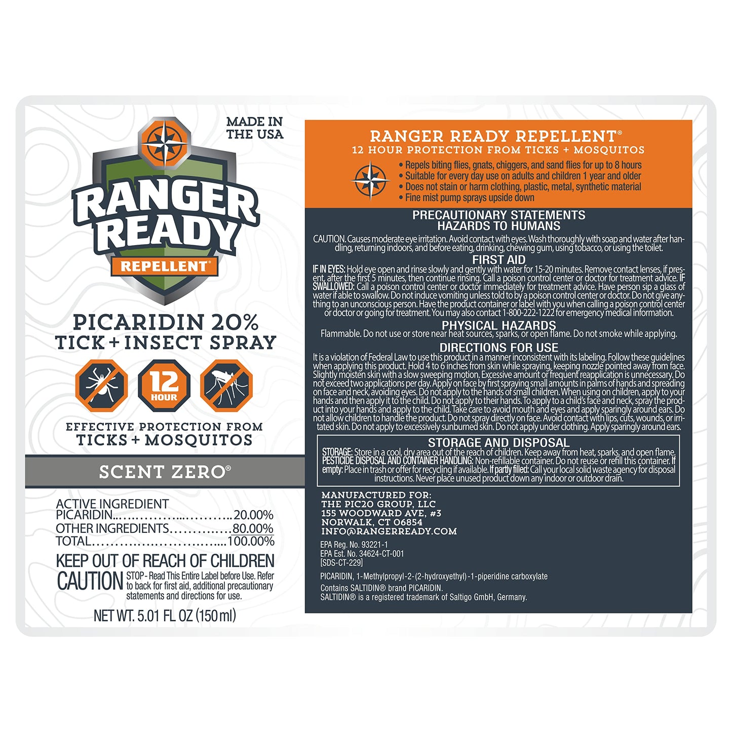 Ranger Ready Repellents Picaridin Insect Repellent Spray with Scent Zero - Mosquito Repellent and Tick Spray (5 oz, Pack of 1)