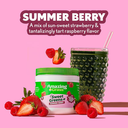 Amazing Grass Sweet Greens and Superfoods Powder for Digestive Health, Greens Powder, Digestive Enzymes, Probiotics, Spirulina, Chlorella, Summer Berry, 30 Servings - USA IMPORT -