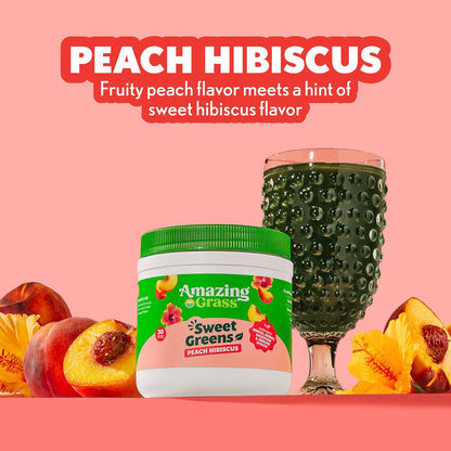 Amazing Grass Sweet Greens and Superfoods Powder for Digestive Health, Greens Powder, Digestive Enzymes, Probiotics, Spirulina, Chlorella, Peach Hibiscus, 30 Servings - USA IMPORT -