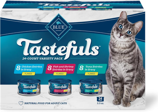 Blue Buffalo Tastefuls Flaked Wet Cat Food Variety Pack, Made with Natural Ingredients, Tuna, Chicken, Fish & Shrimp, 5.5-oz Cans (24 Count, 8 of Each) - USA IMPORT -