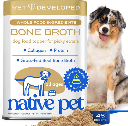 Native Pet Bone Broth for Dogs - Made with Real Beef Bone Broth, Dog Food Toppers for Picky Eaters - Provides Extra Hydration & Nutrition for Joint Strength, Immunity & Heart Health-48 Scoops - USA IMPORT -