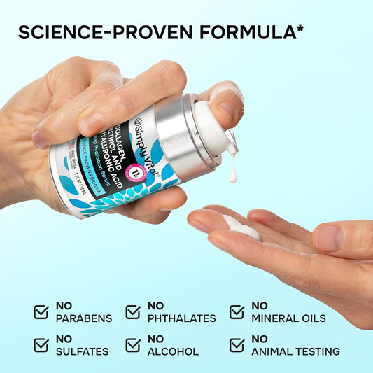 SimplyVital Collagen, Retinol & Hyaluronic Acid Serum - Anti-Aging Moisturizer for Face, Neck & Décolleté - Made in USA, Deep Moisturizing Skin Care Complex - Hydrating Facial Serum for Women, 1 fl.oz - USA IMPORT -