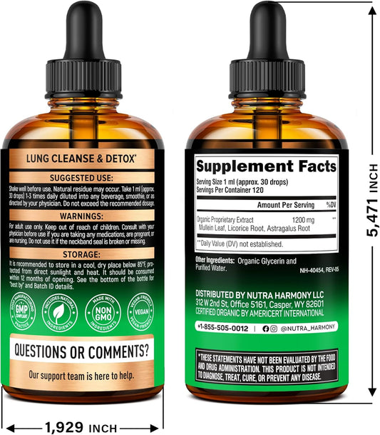 NutraHarmony - Mullein Drops for Lungs - USDA Organic Liquid - Mullein Leaf Extract Supplement - Made in USA - Lung & Bronchial Cleanse for Smokers - Respiratory Health Support - As Tincture, Tea, Pills - 4 fl oz - USA IMPORT -