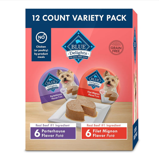 Blue Buffalo Delights Natural Adult Small Breed Wet Dog Food Variety Pack, Made with Natural Ingredients, Filet Mignon Flavor Paté & Porterhouse Flavor Paté, 3.5-oz. Cups (12 Count, 6 of Each) - USA IMPORT -