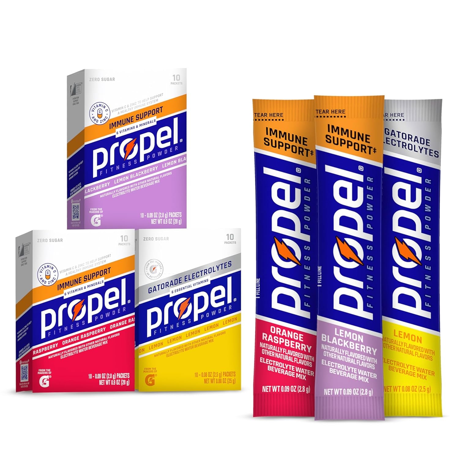 Propel Immune Support Electrolyte Enhanced Water Drink Mix Powder Packets, Variety Pack, 100% DV Vitamin C, Good source of Zinc, Zero Sugar Hydration with Electrolytes and Vitamins (30 Packets) - USA IMPORT -