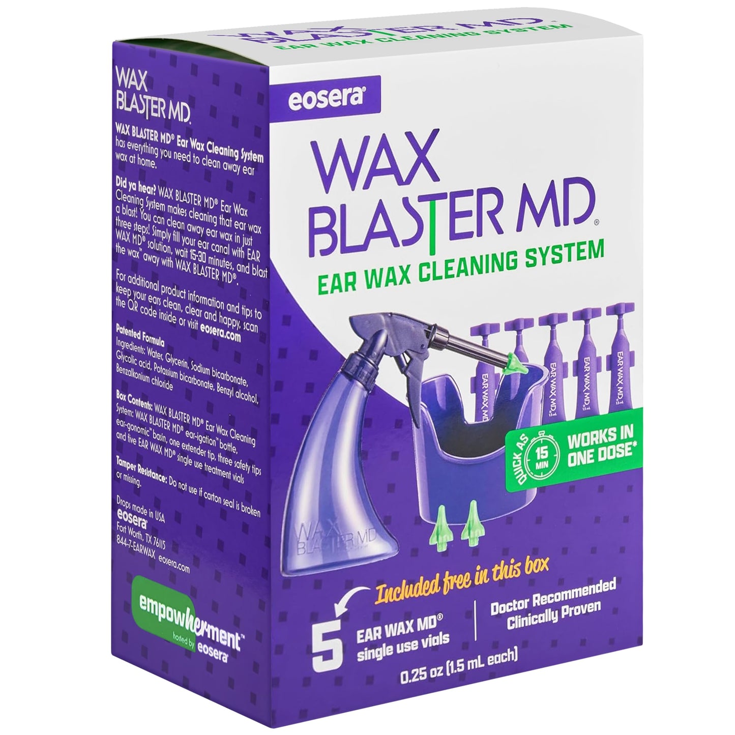 eosera® Wax Blaster MD®- Ear Wax Cleaning System with 5-ct Single Use Vials - Complete Earwax Irrigation Kit for Stubborn and Routine Earwax Cleaning - Clinically Proven Results