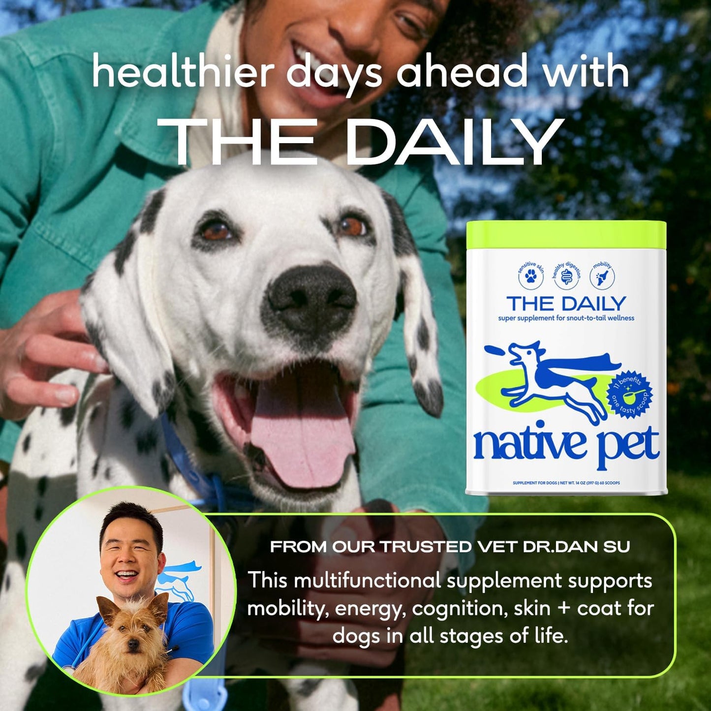 Native Pet Dog Vitamins & Supplements - 11-in-1 Vitamin Powder for Dog Food Topper - Collagen, Glucosamine, Probiotics, Omega & More- Supports Healthy Gut, Mobility & Overall Health - 30 Scoops - USA IMPORT -