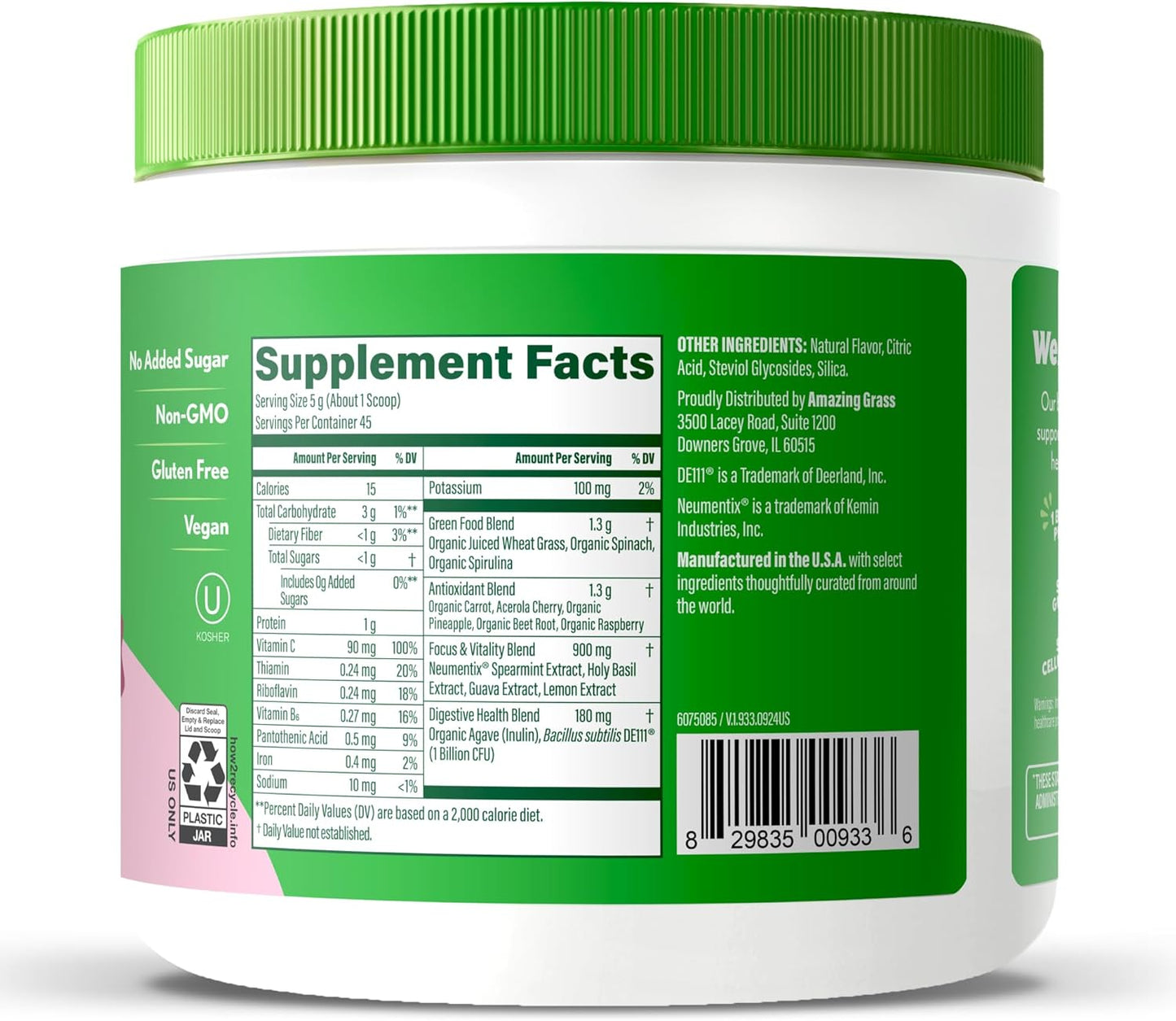 Amazing Grass Sweet Greens and Superfoods Powder for Digestive Health, Greens Powder, Digestive Enzymes, Probiotics, Spirulina, Chlorella, Summer Berry, 30 Servings - USA IMPORT -