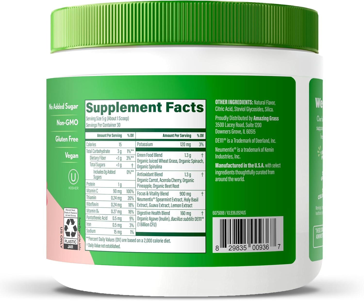 Amazing Grass Sweet Greens and Superfoods Powder for Digestive Health, Greens Powder, Digestive Enzymes, Probiotics, Spirulina, Chlorella, Peach Hibiscus, 30 Servings - USA IMPORT -