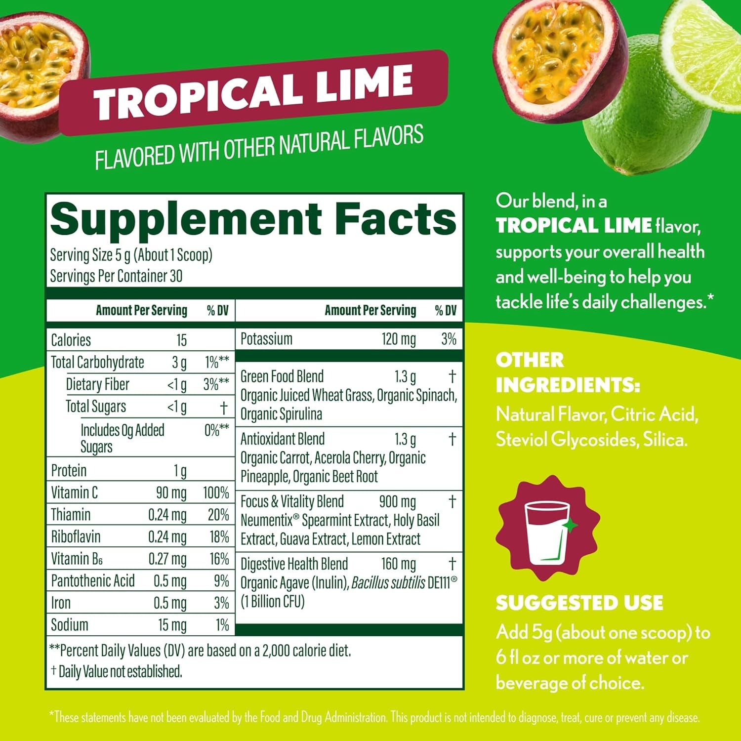 Amazing Grass Sweet Greens and Superfoods Powder for Digestive Health, Greens Powder, Digestive Enzymes, Probiotics, Spirulina, Chlorella, Tropical Lime, 30 Servings - USA IMPORT -