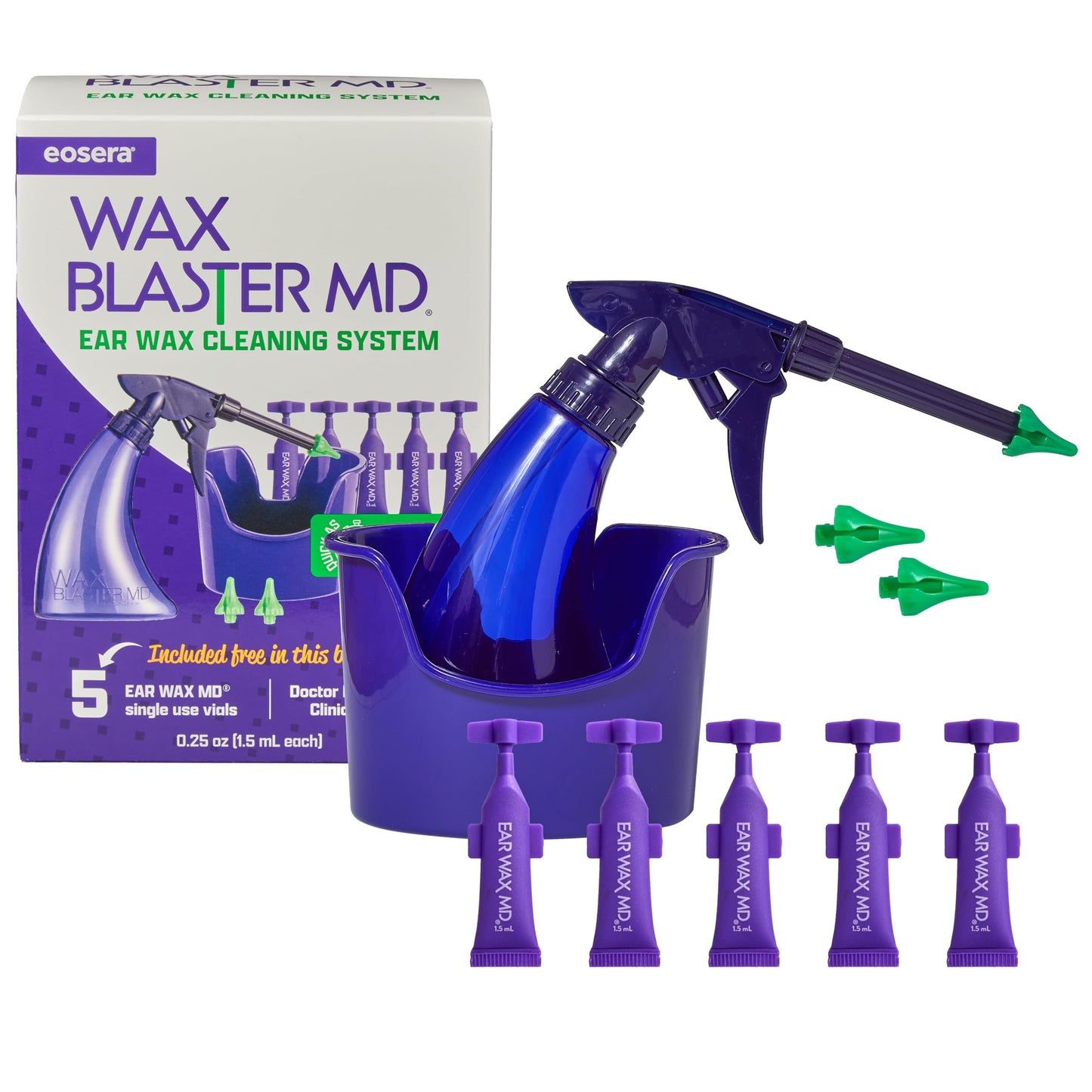 eosera® Wax Blaster MD®- Ear Wax Cleaning System with 5-ct Single Use Vials - Complete Earwax Irrigation Kit for Stubborn and Routine Earwax Cleaning - Clinically Proven Results