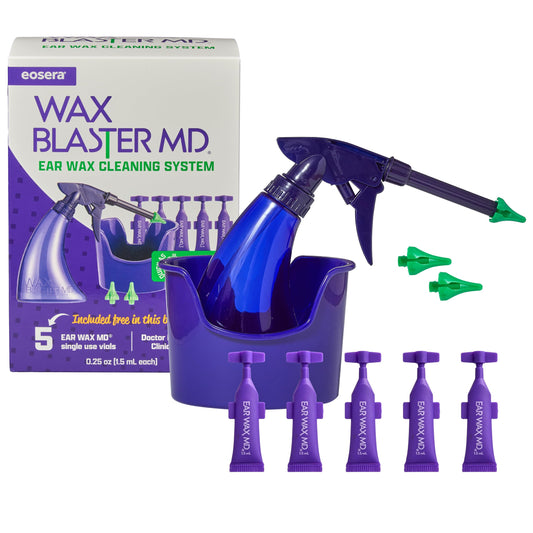 eosera® Wax Blaster MD®- Ear Wax Cleaning System with 5-ct Single Use Vials - Complete Earwax Irrigation Kit for Stubborn and Routine Earwax Cleaning - Clinically Proven Results
