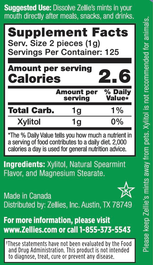 Zellie's | 100% Xylitol Spearmint Breath Mints | No Aspartame, Gluten Free, Vegan & Kosher Mints (250 Count - Pack of 1) - USA IMPORT -