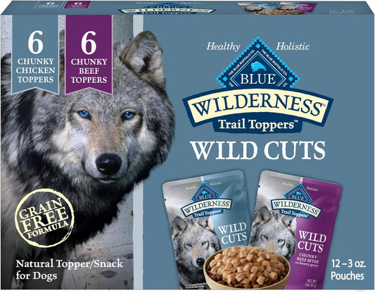 Blue Buffalo Wilderness Trail Toppers Wild Cuts Wet Dog Food Variety Pack, High-Protein & Grain-Free, Made with Natural Ingredients, Chicken and Beef Flavors, 3-oz Pouches, (12 Count, 6 of Each) - USA IMPORT -