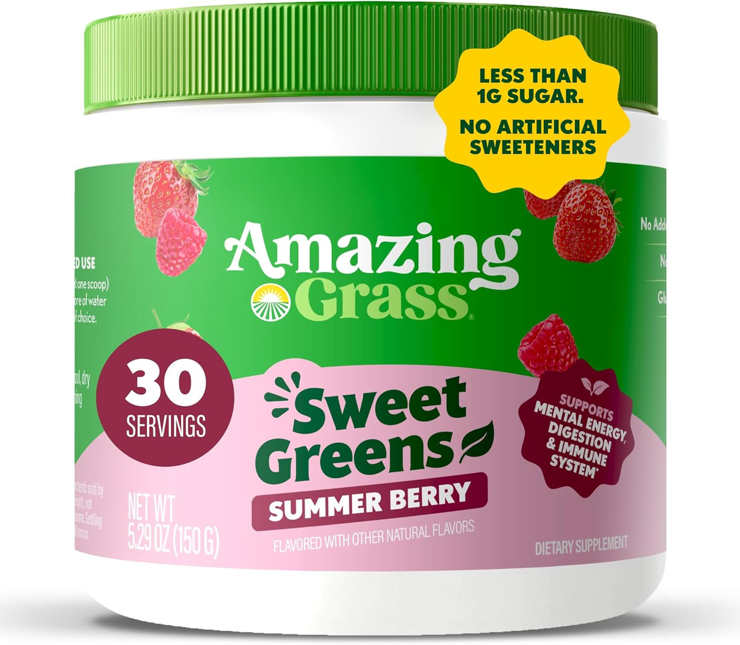 Amazing Grass Sweet Greens and Superfoods Powder for Digestive Health, Greens Powder, Digestive Enzymes, Probiotics, Spirulina, Chlorella, Summer Berry, 30 Servings - USA IMPORT -