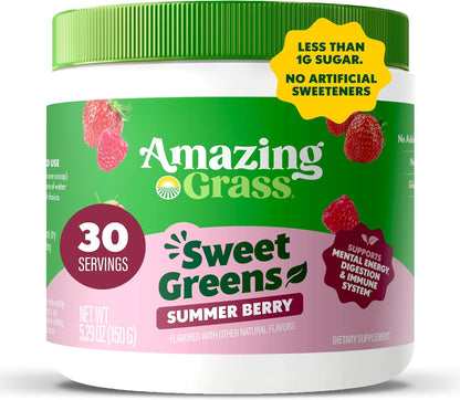 Amazing Grass Sweet Greens and Superfoods Powder for Digestive Health, Greens Powder, Digestive Enzymes, Probiotics, Spirulina, Chlorella, Summer Berry, 30 Servings - USA IMPORT -