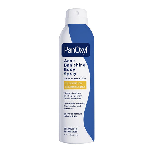 PanOxyl Acne Banishing Body Spray with 2% Salicylic Acid, Pimple Treatment Spray to Clear Stubborn Breakouts, 360-Degree Spray Nozzle, Skin-Brightening Niacinamide, Vitamin C, Witch Hazel, Aloe, 6 Oz - USA IMPORT -