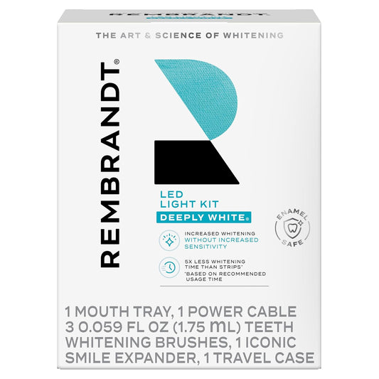 Rembrandt Teeth Whitening Kit, Deeply White, with LED Light Teeth Whitening Trays, 3-Way Power Cable, 3- Teeth Whitening Gel Brushes, 1 Iconic Smile Expander, 1 Travel Case - USA IMPORT -