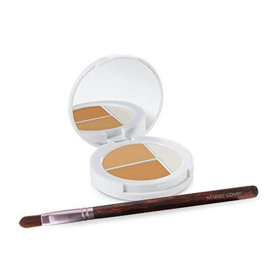 Sheer Cover Studio - Conceal and Brighten Highlight Trio - Two-Toned Concealers - Shimmering Highlighter - Medium/Tan Shade - With FREE Concealer Brush - 3 Grams