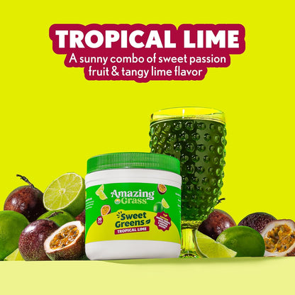 Amazing Grass Sweet Greens and Superfoods Powder for Digestive Health, Greens Powder, Digestive Enzymes, Probiotics, Spirulina, Chlorella, Tropical Lime, 30 Servings - USA IMPORT -