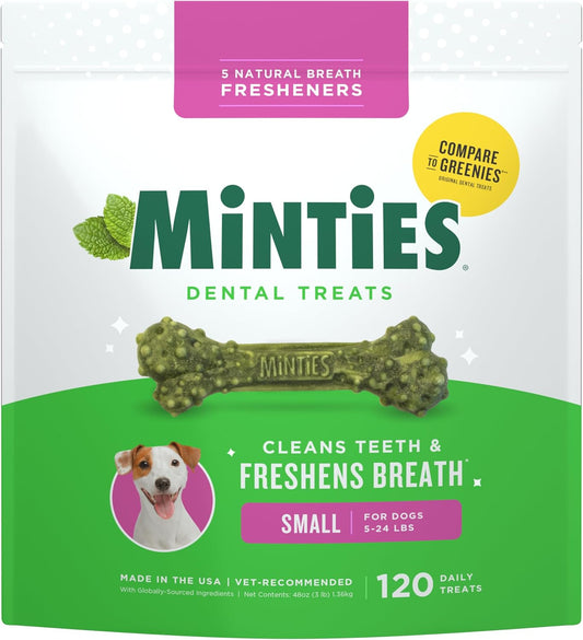 Minties Dental Chews for Dogs, 120 Count, Vet-Recommended Mint-Flavored Treats for Tiny/Small Dogs 5-24 lbs, Dental Bones Clean Teeth, Fight Bad Breath, and Removes Plaque and Tartar - USA IMPORT -