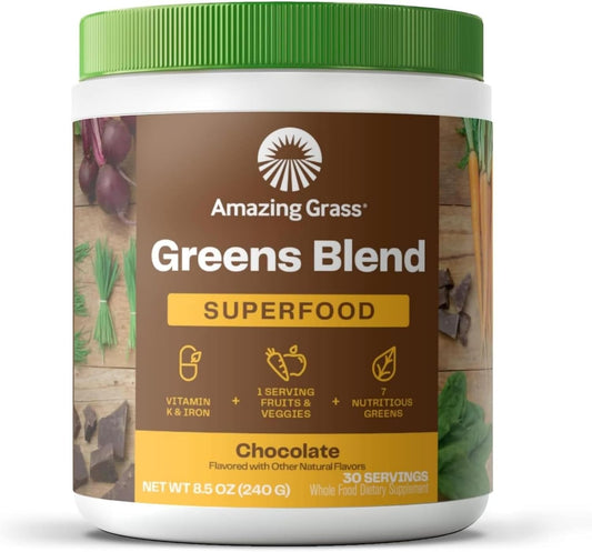Amazing Grass Greens Superfood Powder: Greens Powder with Digestive Enzymes & Probiotics, Organic Spirulina, Chlorella, and Beet Root Powder, Chocolate, 30 Servings - USA IMPORT -