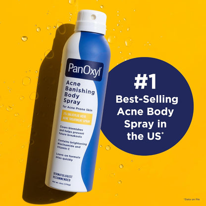 PanOxyl Acne Banishing Body Spray with 2% Salicylic Acid, Pimple Treatment Spray to Clear Stubborn Breakouts, 360-Degree Spray Nozzle, Skin-Brightening Niacinamide, Vitamin C, Witch Hazel, Aloe, 6 Oz - USA IMPORT -