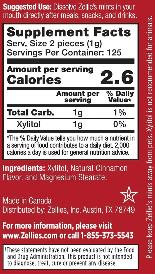 Zellie's | 100% Xylitol Cinnamon Breath Mints | No Aspartame, Gluten Free, Vegan & Kosher Mints (250 Count - Pack of 1) - USA IMPORT -