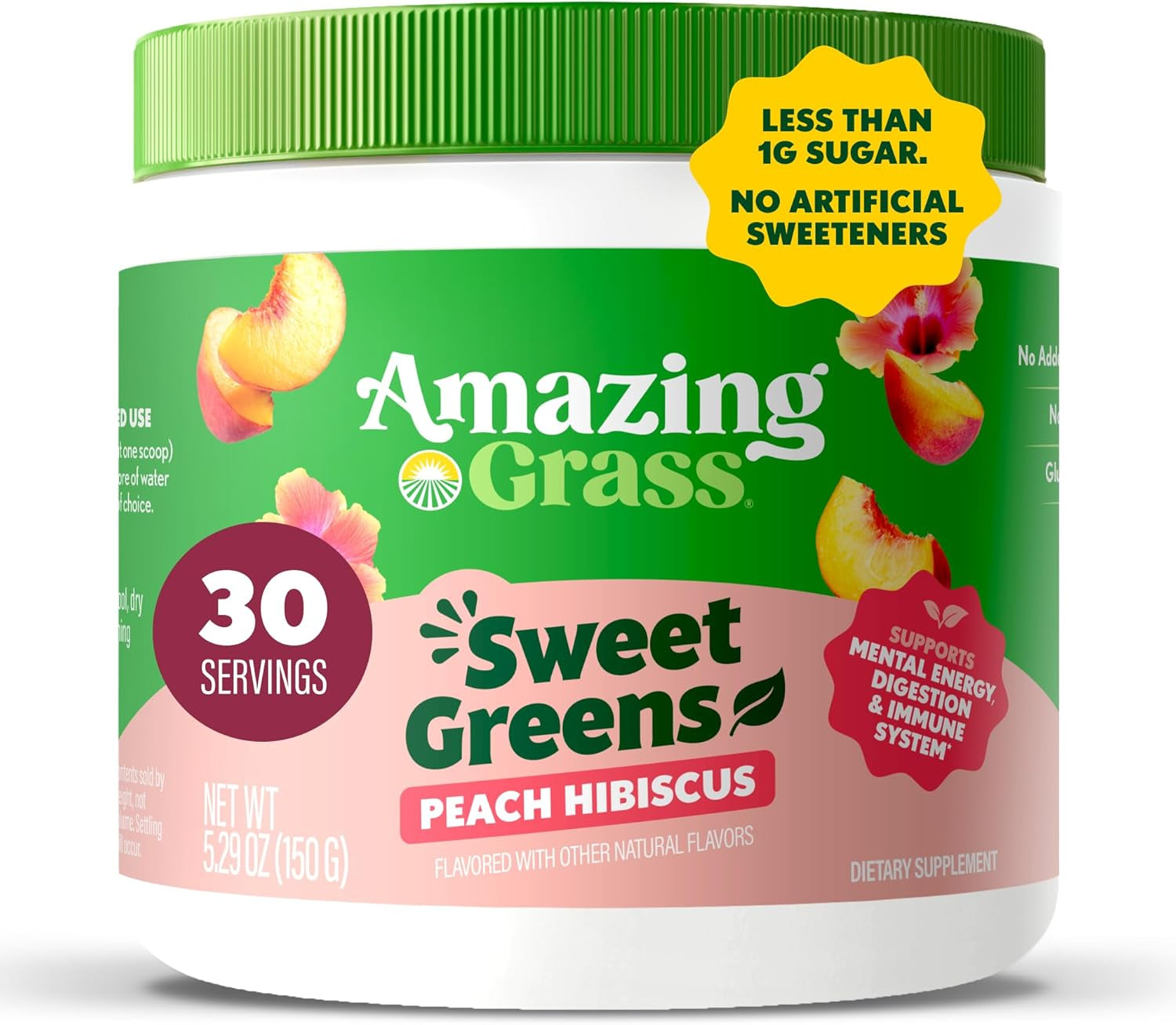 Amazing Grass Sweet Greens and Superfoods Powder for Digestive Health, Greens Powder, Digestive Enzymes, Probiotics, Spirulina, Chlorella, Peach Hibiscus, 30 Servings - USA IMPORT -