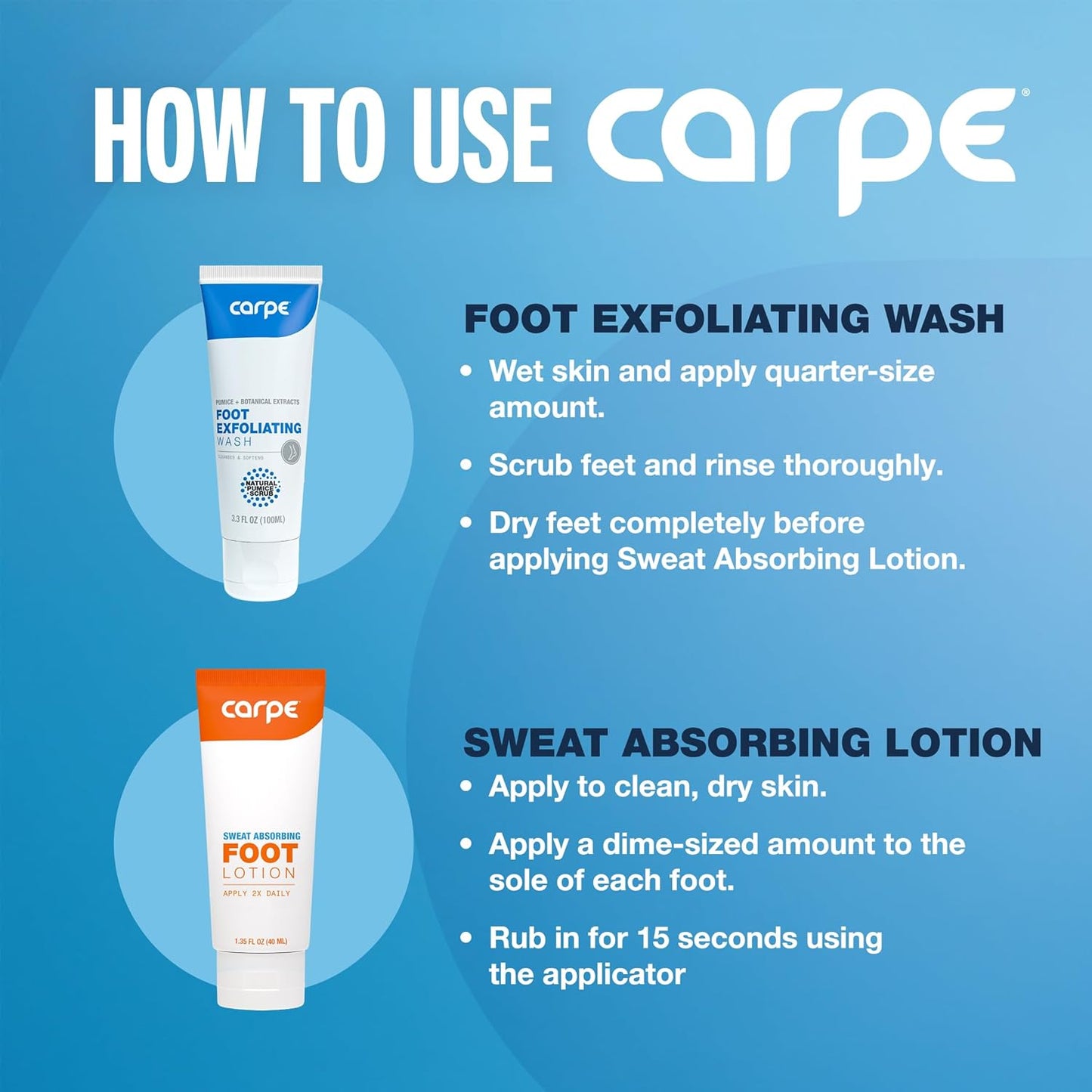 Carpe Sweat Absorbing Foot Lotion & Foot Exfoliating Scrub Regimen - A Total Solution for Sweaty Smelly Feet - USA IMPORT -