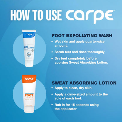 Carpe Sweat Absorbing Foot Lotion & Foot Exfoliating Scrub Regimen - A Total Solution for Sweaty Smelly Feet - USA IMPORT -